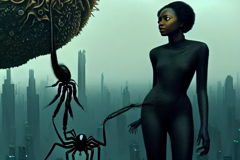 Image similar to realistic detailed photorealistic portrait movie shot of a beautiful black woman with a giant spider, dystopian city landscape background by denis villeneuve, amano, yves tanguy, alphonse mucha, ernst haeckel, david lynch, edward robert hughes, roger dean, cyber necklace, rich moody colours, wide angle