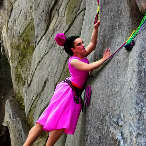 Image similar to Frida Kahlo rock climbing wearing a princess dress