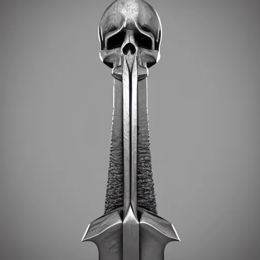 Image similar to a giant skull sword, ornament, on a gray background, a 3 d render by dom qwek, trending on polycount, futurism, hard surface modeling, rendered in maya, artstation hd