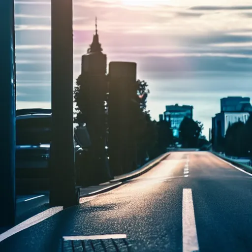 Image similar to photography of car driving down dark road during sunset jdm light posts city in the background