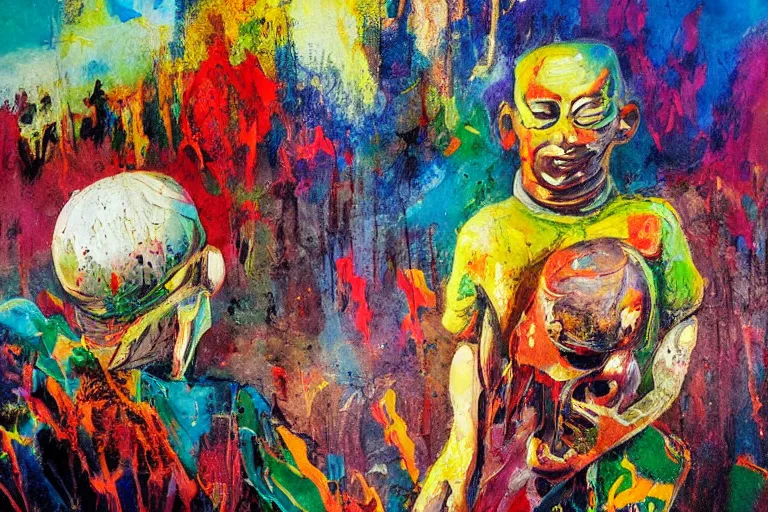 Image similar to artistic dirty art acrylic painting, paint brushstrokes and squeegeed dirty artwork, art by mark fredrickson style reminiscent of illustrative children books, surreal, human figures, low tons colors, futuristic world leaders of terror 2 1 th century