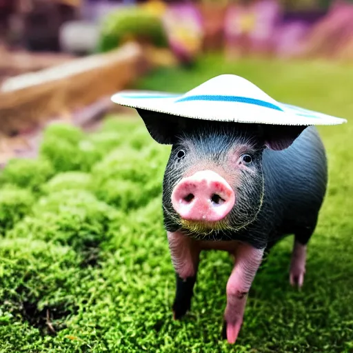 Image similar to a miniature pig wearing a sunhat!!! garden! hyper realistic!! realistic lighting!! wildlife photograph of the year!!! bold natural colors, national geographic, hd, wide angle, 8 k