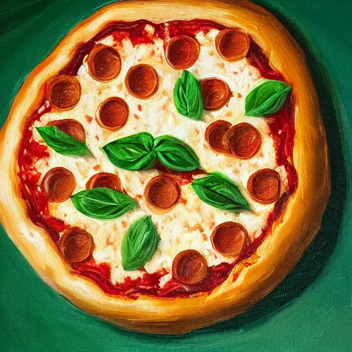 Image similar to an impasto oil painting of a pizza magherita, 4 k resolution, italy, white red and green color schemea