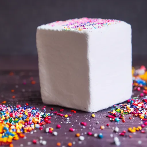 Image similar to photograph of delicious fluffy marshmallow cube with sprinkles on a dark wooden chopping board, pastel colours, professional food photography, photorealistic, depth of field, 4 k, canon 1 d, bohek