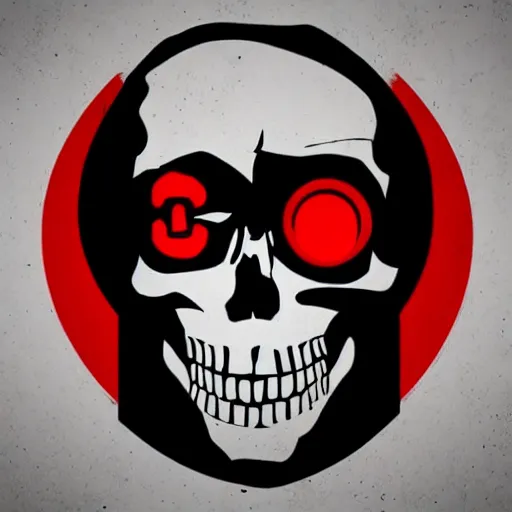 Image similar to minimalist logo of a skull with red eyes like the terminator (1984), gritty atmosphere, oppressive