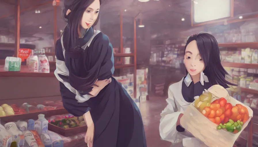 Prompt: photography of a woman grocer with frock, looks like ziyi zhang ， ponytail, grocery store around, winter, anime style character, clean soft lighting, backlit beautiful face, clean brush stroke, 8 k character concept art, by wolp and artgerm ， 3 d