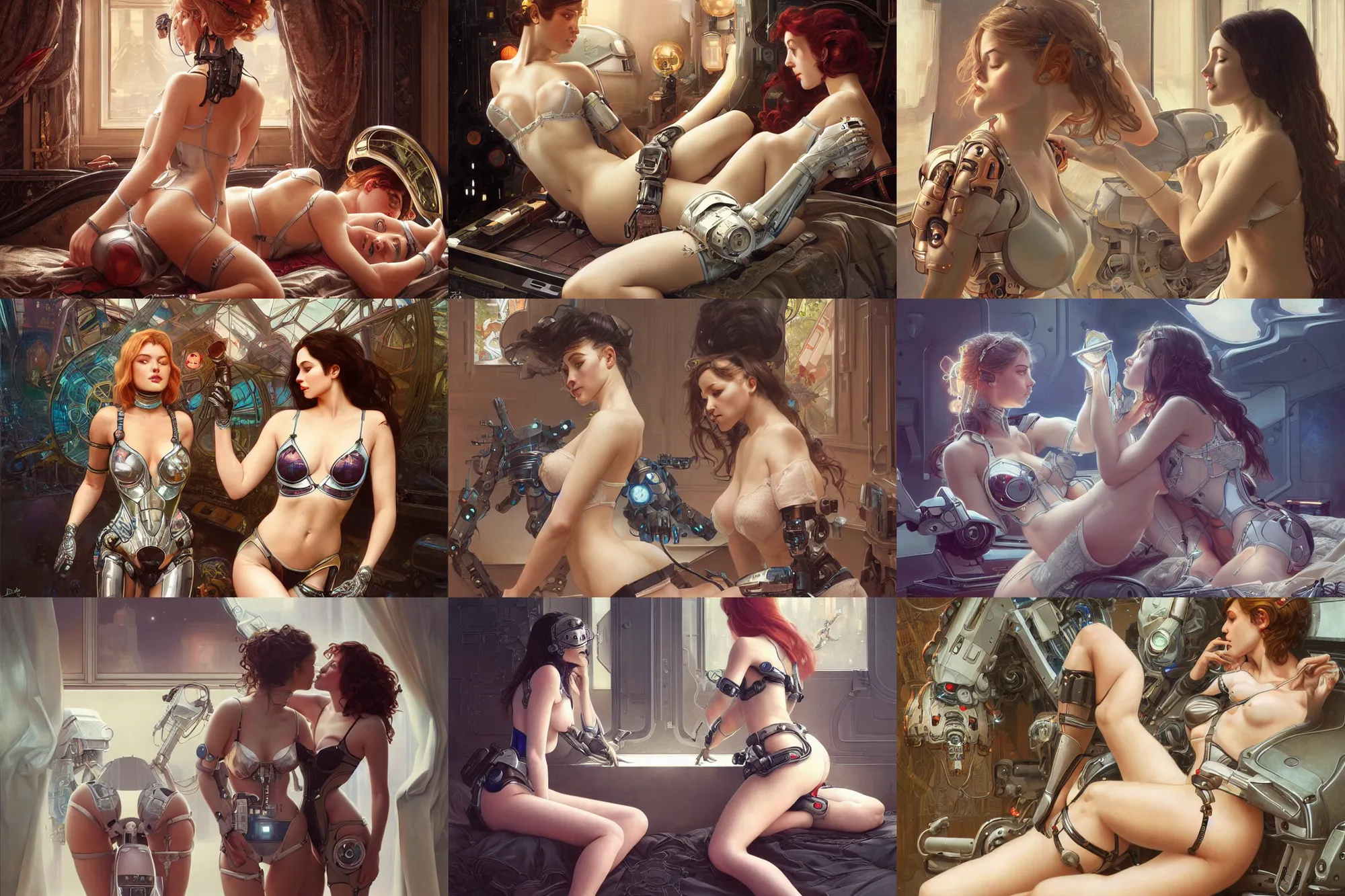 Prompt: Ultra realistic illustration, two beautiful cyborg women in lingerie kissing a robot on a bed,sci-fi, fantasy, intricate, elegant, highly detailed, digital painting, artstation, concept art, smooth, sharp focus, illustration, art by artgerm and greg rutkowski and alphonse mucha
