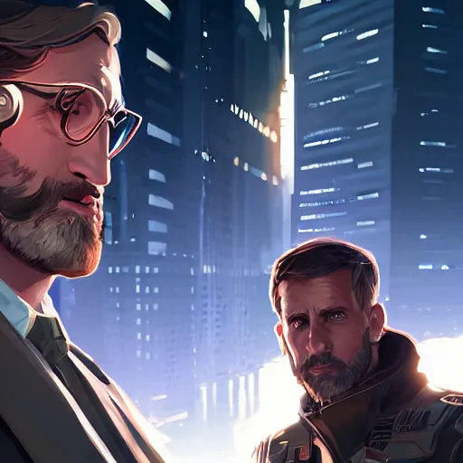 Image similar to Portrait of a cyborg Steve Carell, mattepainting concept Blizzard pixar maya engine on stylized background splash comics global illumination lighting artstation lois van baarle, ilya kuvshinov, rossdraws