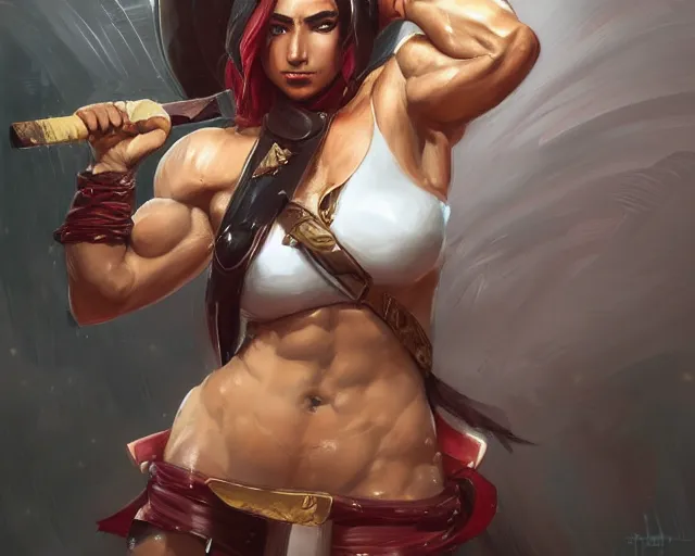 Image similar to portrait of akali from league of legends as a beautiful female bodybuilder amazon with plump lips, elegant, fantasy, hd shot, digital portrait, beautiful, artstation, comic style, by artgerm, guy denning, jakub rozalski, magali villeneuve and charlie bowater