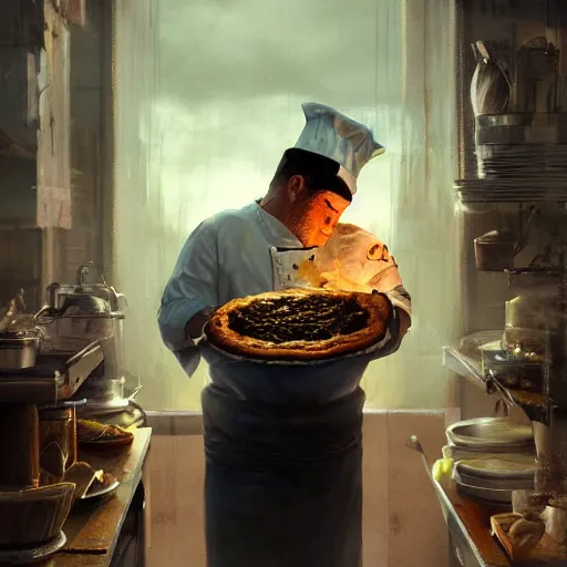 Image similar to a chef cooking pies, dramatic lighting, cinematic, establishing shot, extremely high detail, photo realistic, cinematic lighting, post processed, concept art, artstation, matte painting, style by eddie mendoza, raphael lacoste, alex ross