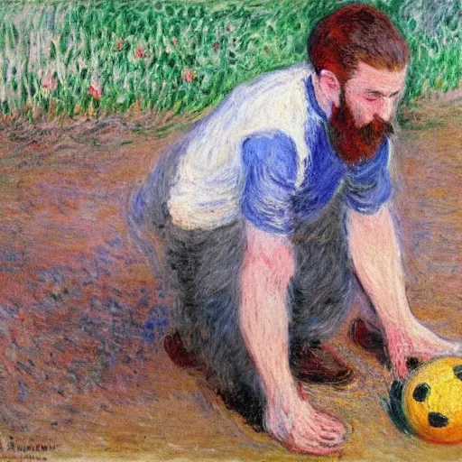 Image similar to monet painting of a bearded man with shaved head puking on a soccer ball, highly detailed, realistic,