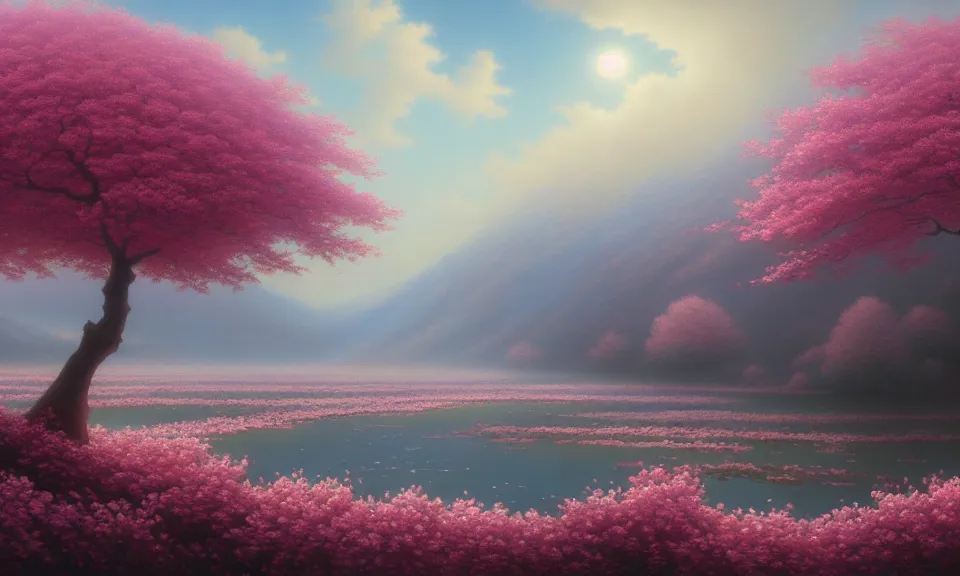 Image similar to a beautiful landscape matte painting of cherry trees with petals flying in the sky, beside a river, by christophe vacher, trending on artstation