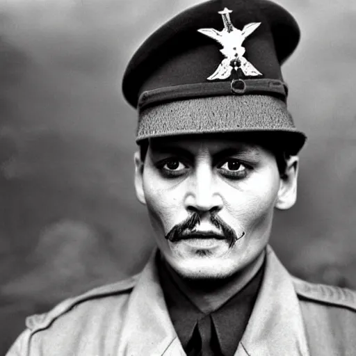 Image similar to johnny depp as a soldier in world war 2, award winning war photo