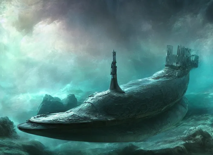 Image similar to metal submarine underwater in the lake of an alien planet, digital art, detailed, artgerm, artstation, deviant art, by kim keever