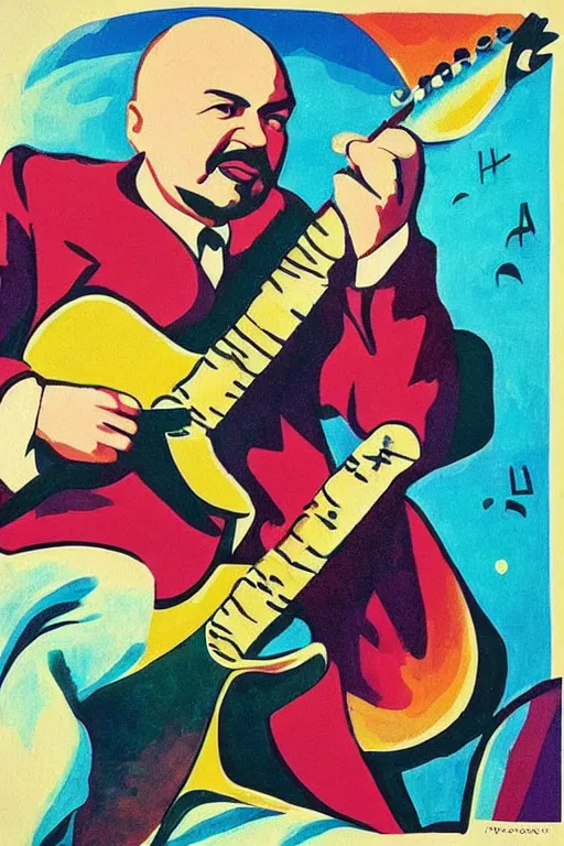 Prompt: “Lenin playing Fender Stratocaster in a Soviet propaganda poster, in the style of Kandinsky”