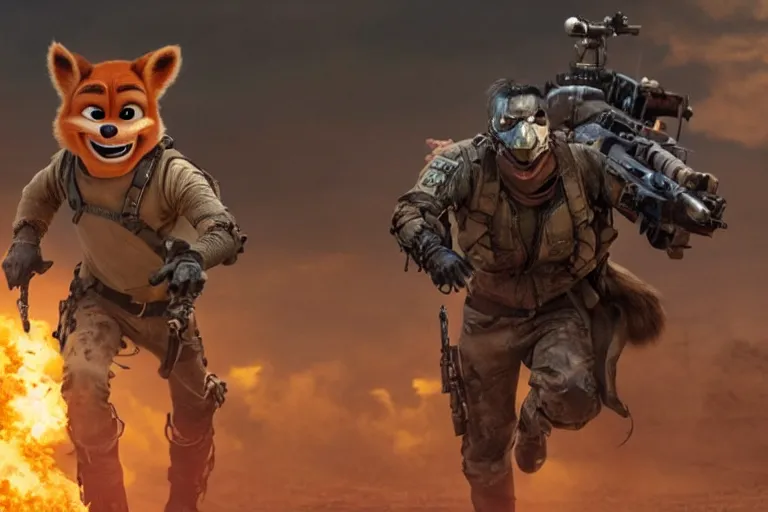 Image similar to nick wilde, heavily armed and armored facing down armageddon in a dark and gritty reboot from the makers of mad max : fury road