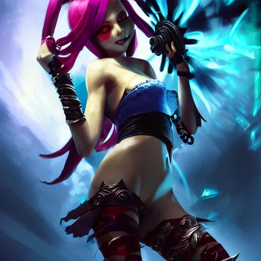 Prompt: jinx from league of legends, epic scene, paint by Raymond Swanland
