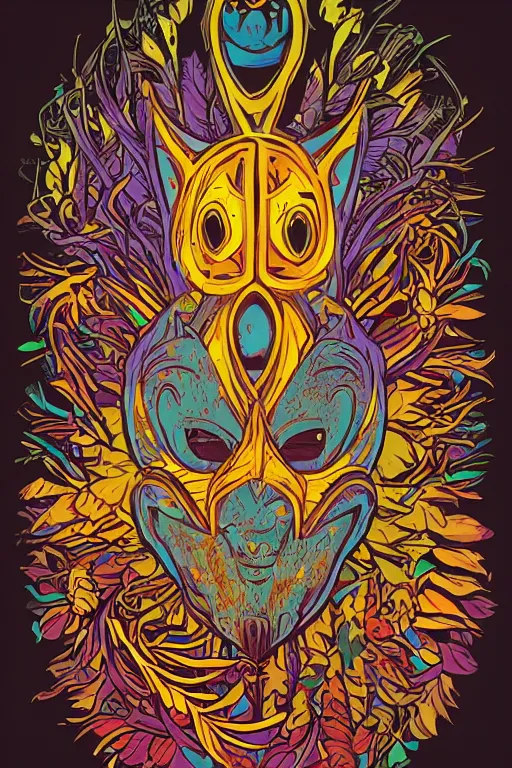 Image similar to animal mask totem roots flower tribal feather gemstone plant wood rock shaman vodoo video game vector cutout illustration vivid multicolor borderlands comics by josan gonzales and dan mumford radiating a glowing aura