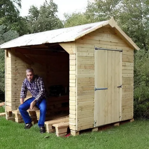 Image similar to man in a white dress builds a wooden shed out of pallets