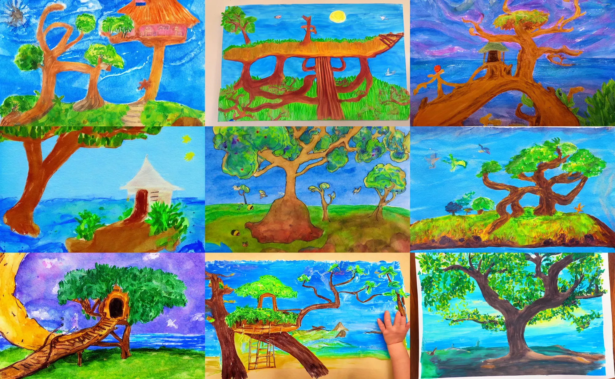 Prompt: childs finger painting of a mystical island treehouse on the ocean