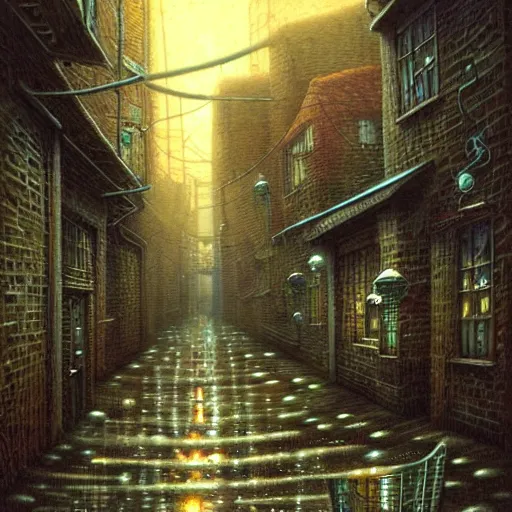 Prompt: strange alleyway, rainy night by Andrew Ferez, Shaun Tan