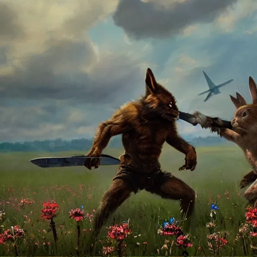 Image similar to A werewolf fighting a bunny barbarian in a field of flowers. WWII planes fly overhead, Academic painting by Greg Rutkowski, Mobile still frame. 4K UHD