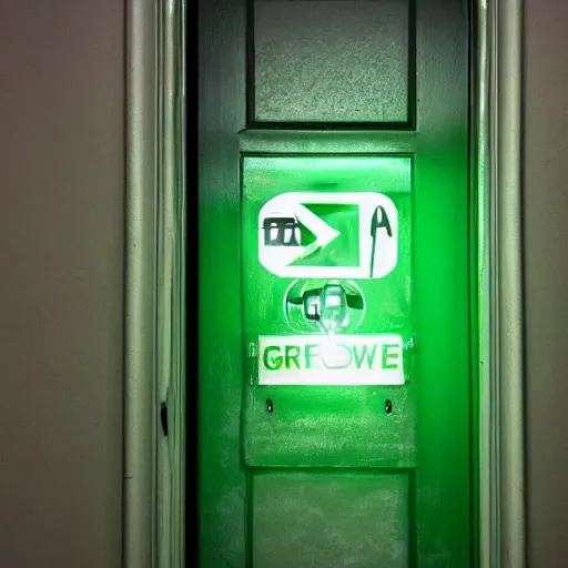 Image similar to a door with a hazardous green glow behind it. there is a sign above the door saying, caution do not enter
