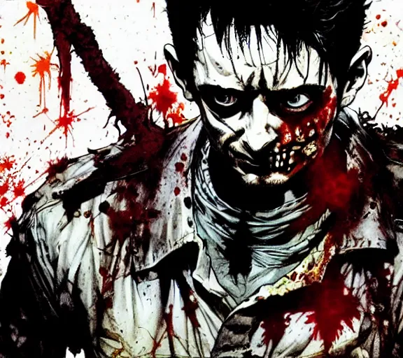 Image similar to a zombified elijah wood, comic book art, by yoji shinkawa and takehiko inoue and kim jung gi, masterpiece, perfect