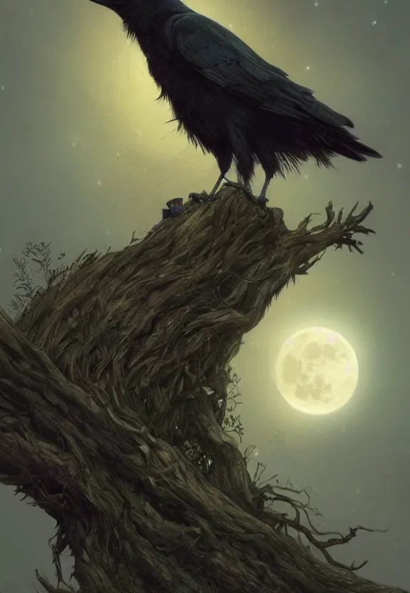 Image similar to crow on tree in front of the full big moon, highly detailed, digital painting, artstation, concept art, smooth, sharp focus, illustration, Unreal Engine 5, 8K, art by artgerm and greg rutkowski and alphonse mucha