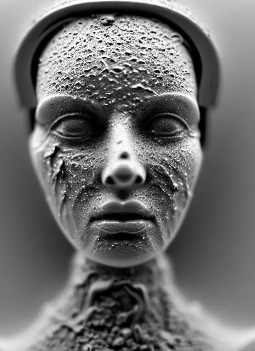Prompt: a young female cyborg bust made of ice and smoke and wet mud, dramatic, ilford hp 5, closeup - view, f / 2. 8, high contrast, 1 6 k, fluorescent lamp, contre - jour, insanely detailed and intricate, hypermaximalist, elegant, ornate, hyper realistic, super detailed