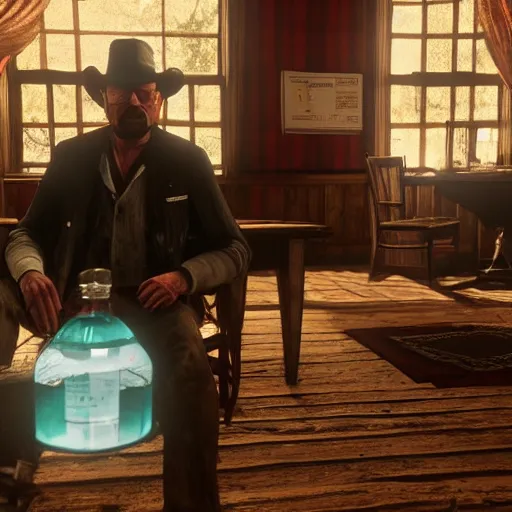 Prompt: walter white sitting behind a table with chemicals in red dead redemption 2