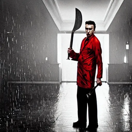 Prompt: Igor Ghirkin Strelkov as The American Psycho holding an axe, covered in blood, donning a raincoat, cinematic still