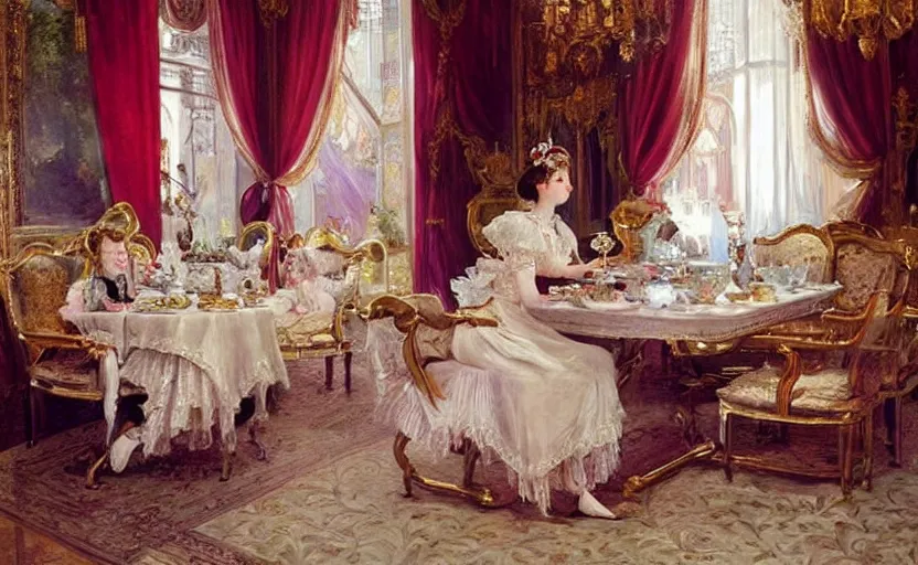 Image similar to Young victorian princess drinking tea on the royal palace dining room. By Konstantin Razumov, highly detailded