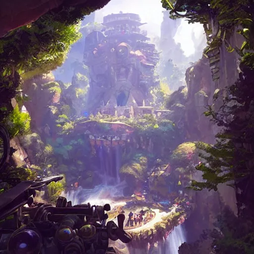 Prompt: worm's eye view of overwatch headquarters carved inside a mountain surrounding a lush well kept garden, central waterfall, magical, natural light, fantasy, sharp focus, concept art, by greg rutkowski and craig mullins, cozy atmospheric