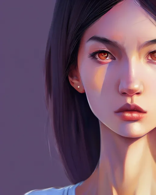 Image similar to full 1 2 0 mm face portrait of a beautiful slender uzbek girl, in tshirt, furious, by saruei and guweiz and ilya kuvshinov and grant morrison and range murata digital art, ultra clear and sharp focus, trending on artstation hq, deviantart, pinterest, unreal engine 5, 4 k uhd image