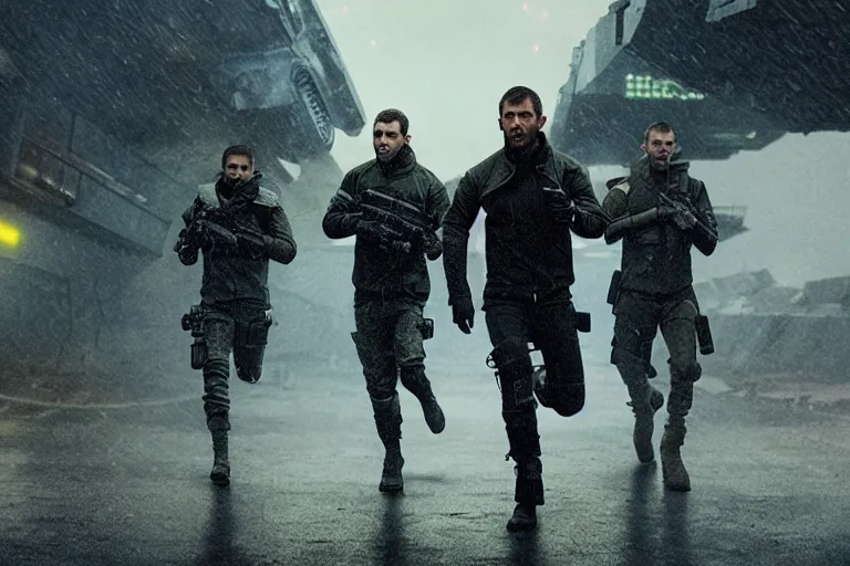 Image similar to vfx film, blade runner 2 0 4 9 futuristic soldiers shoot at enemy robots futuristic war, battlefield, war zone, shootout, dilapidated city ruins, running, shooting, explosion, battlefront, leaping, flat color profile low - key lighting award winning photography arri alexa cinematography, big crowd, hyper real photorealistic cinematic beautiful, atmospheric cool colorgrade