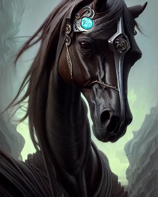 Image similar to horse art by giger, deep focus, d & d, dark fantasy, intricate glow accents, elegant, highly detailed, digital painting, artstation, concept art, matte, sharp focus, 8 k 3 d, hearthstone, art by artgerm and greg rutkowski and alphonse mucha