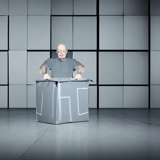 Image similar to walter white pushing a large grey cube in a large empty white room