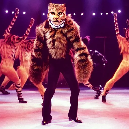 Image similar to 📷 john partridge playing rum tum tugger, spike collar, fluffy neck, cats the musical 🎶, 1 9 9 8 version, professional cat - like makeup, stunning choreography and lighting