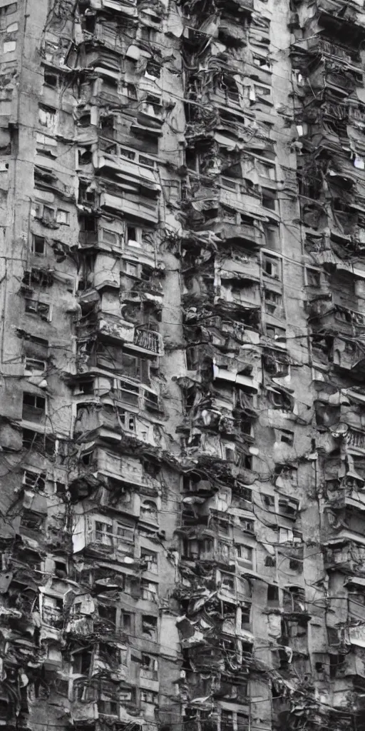 Image similar to Photo of Soviet apartment building, slums, tangled wires