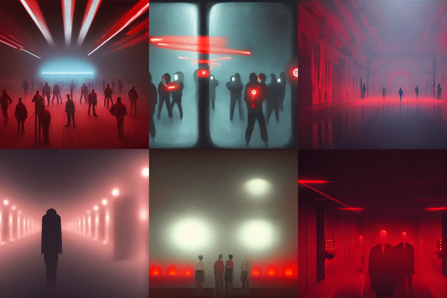 Prompt: a group of people with red lights instead of faces, in a dark room, an ultrafine detailed painting by victor mosquera, les automatistes, dystopian art, reimagined by industrial light and magic, redshift