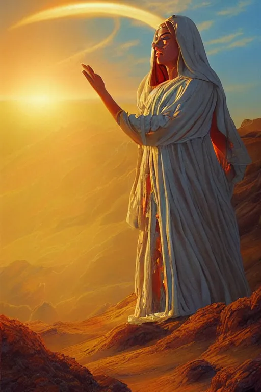 Prompt: the high Priestess of the sun god greets the day, 8k resolution digital painting by Michael Whelan, cinematic morning light