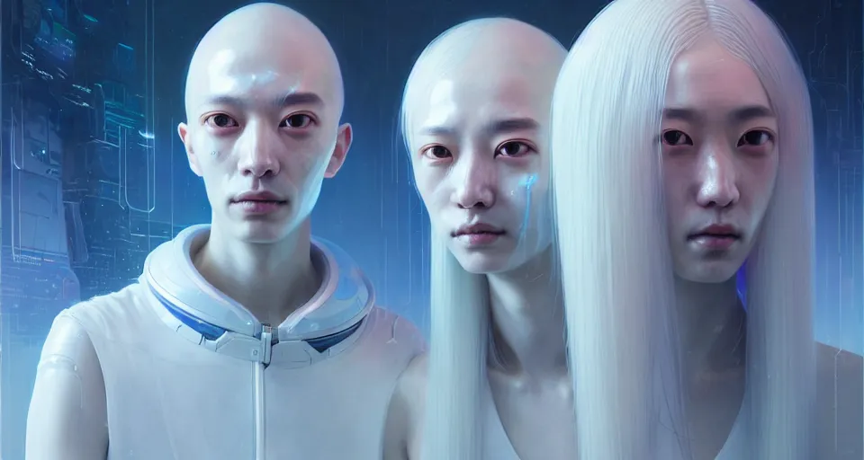 Image similar to portrait of yael shelbia and kang seul - gi, venus squid astronaut, white hair, intricate design details. cyberpunk symmetrical facial, by ruan jia and beeple. smooth gradients, deep space.