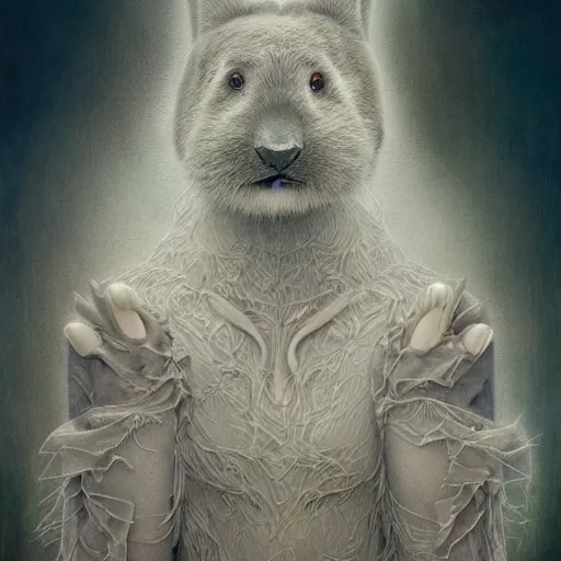 Prompt: histological bear rabbit hybrid character portrait by jean delville, tom bagshaw, brooke shaden, gustave dore and marco mazzoni, studio ghibli style, porcelain, organic, detailed fur, intricate details