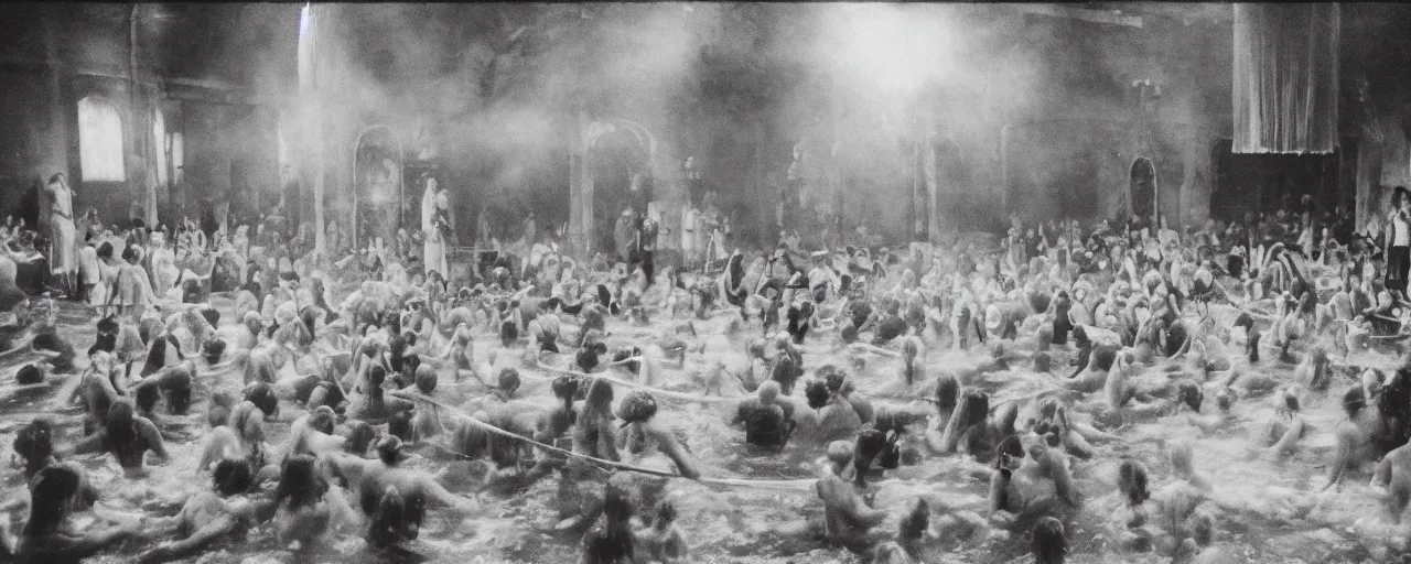 Prompt: 3 5 mm film photo of ritual occult gathering in a public swimming pool, cloaked hooded pale figures gather around a cauldron, liminal spaces, pentagrams and masonic symbolism scattered and engraved around, broken panes of glass, rays of moonlight, film grain