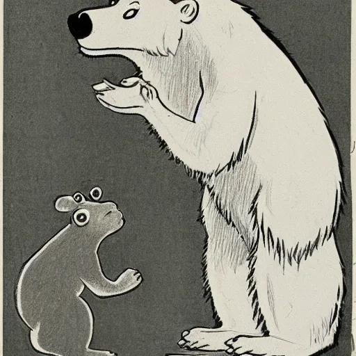 Image similar to drawing from 1 9 2 0's disney animation, monkey polar bear, fat rabbit frog