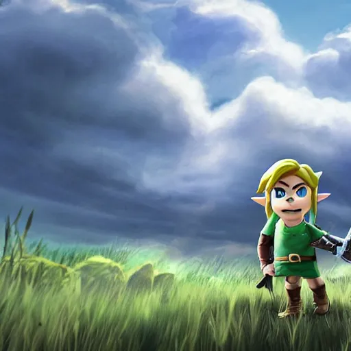 Prompt: A photo of Link from Zelda sitting in a field on a sunny day with clouds in the sky, he is angry