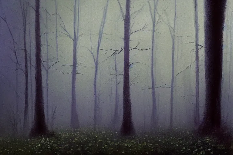 Image similar to dark and spooky painting of a forest dimly lit at night with tiny purple morning glory flowers trailing at the base of trees. foggy cinematic volumetric darkness, muted colour palette, detailed oil painting on canvas by robert hughes