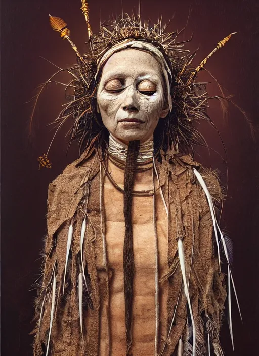 Prompt: a portrait of a mummified woman, ritualistic burial, pagan empress with closed eyes, decorated with beads and feathers and twigs, cobwebs, photorealistic, beautiful hyper realistic painting, detailed portrait