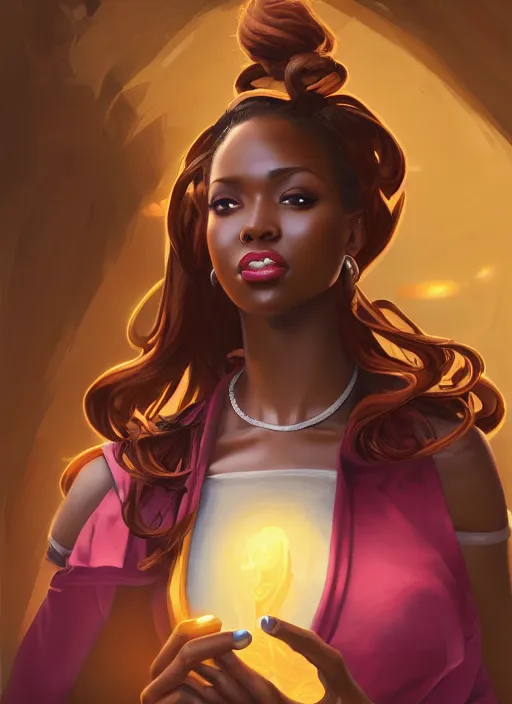 Prompt: detailed digital painting of beautiful black woman ceo, juggling cells phone manilla folders coffee fanart behance digital painting artstation, concept art, matte, sharp focus, illustration, corporate office atmosphere, hearthstone, art by artgerm and greg rutkowski and alphonse mucha